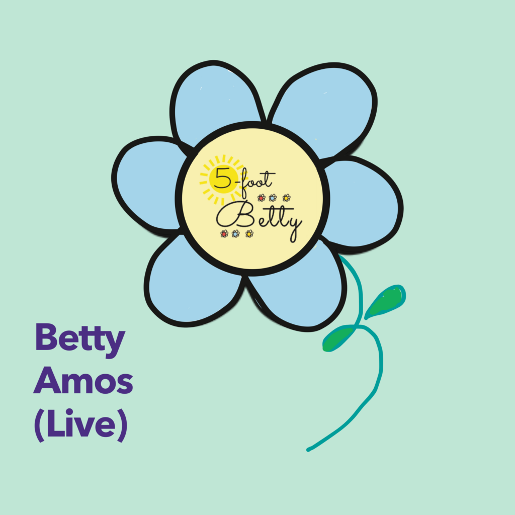 seafoam green square with flower logo and Betty Amos Live type