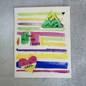 striped painting with lyrics, beading and stitching and song lyrics drawn on layered shapes